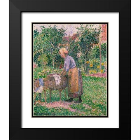 A Washerwoman at Eragny Black Modern Wood Framed Art Print with Double Matting by Pissarro, Camille