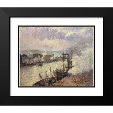 Steamboats in the Port of Rouen Black Modern Wood Framed Art Print with Double Matting by Pissarro, Camille