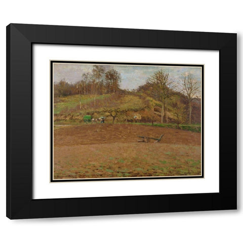 Ploughed land Black Modern Wood Framed Art Print with Double Matting by Pissarro, Camille