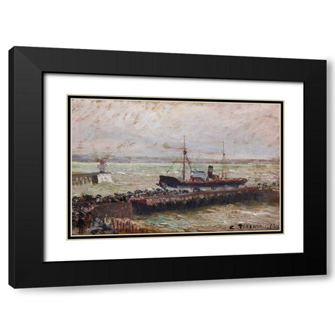 Entrance to the Harbour at Le Havre, Overcast Sky Black Modern Wood Framed Art Print with Double Matting by Pissarro, Camille