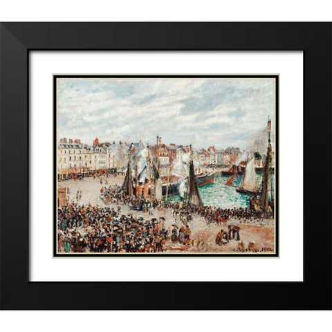 The Fish Market, Dieppe:,Grey Weather, Morning Black Modern Wood Framed Art Print with Double Matting by Pissarro, Camille