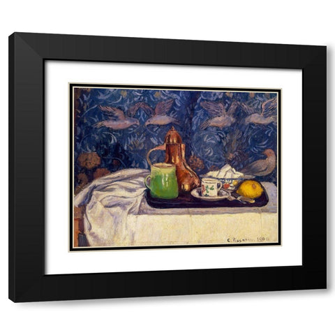 Still Life with a Coffeepot Black Modern Wood Framed Art Print with Double Matting by Pissarro, Camille