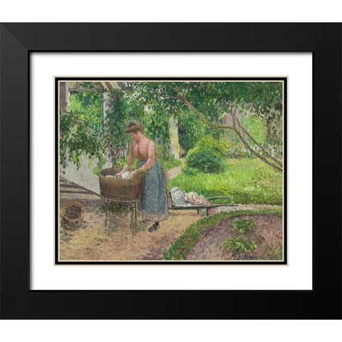 Washer in the garden, Eragny  Black Modern Wood Framed Art Print with Double Matting by Pissarro, Camille