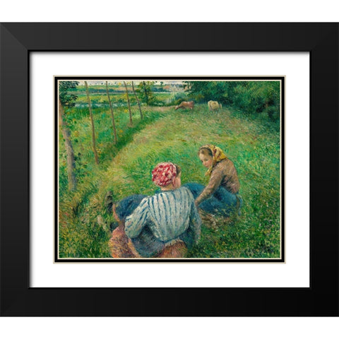 Young Peasant Girls Resting in the Fields near Pontoise Black Modern Wood Framed Art Print with Double Matting by Pissarro, Camille