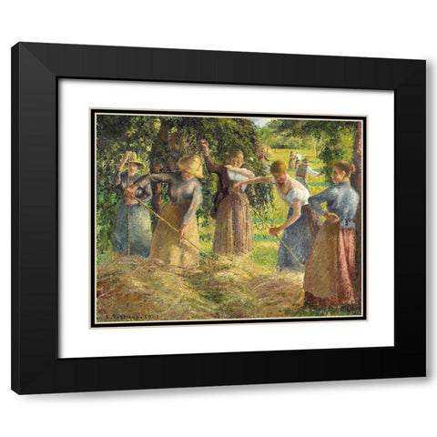 Hay Harvest at Eragny Black Modern Wood Framed Art Print with Double Matting by Pissarro, Camille