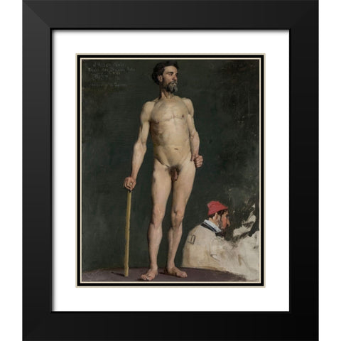 Study of a Male Nude Leaning on aÂ Staff Black Modern Wood Framed Art Print with Double Matting by Weir, J Alden
