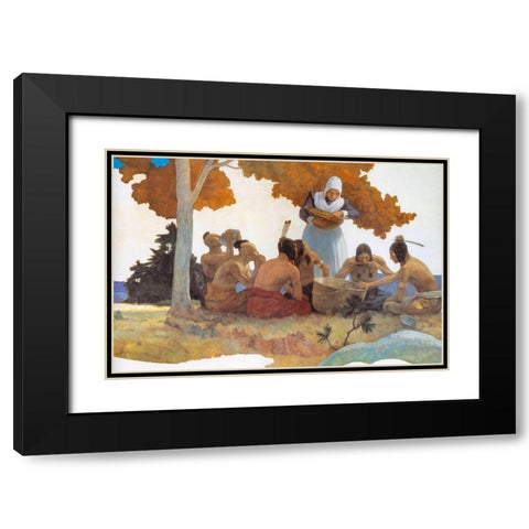 Thanksgiving with Indians Detail Black Modern Wood Framed Art Print with Double Matting by Wyeth, NC