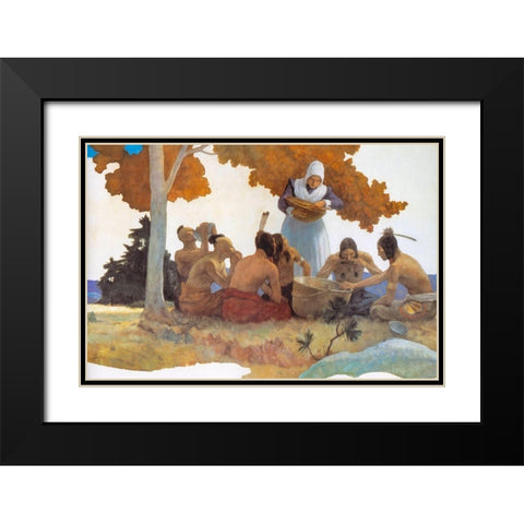 Thanksgiving with Indians Detail Black Modern Wood Framed Art Print with Double Matting by Wyeth, NC