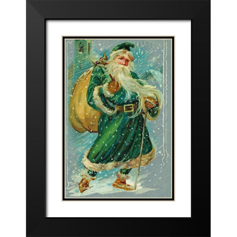 Christmas postcard with Santa Claus wearing green robes Black Modern Wood Framed Art Print with Double Matting by Missouri History Museum