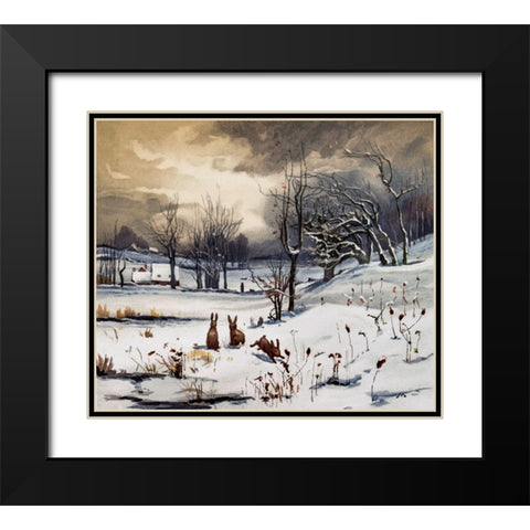 Winter Landscapes Rabbits Black Modern Wood Framed Art Print with Double Matting by L. Prang & Co