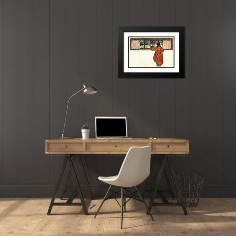 Man Looking out the Window to See Christmas Reindeer Carriage Black Modern Wood Framed Art Print with Double Matting by Smith, Jessie Wilcox