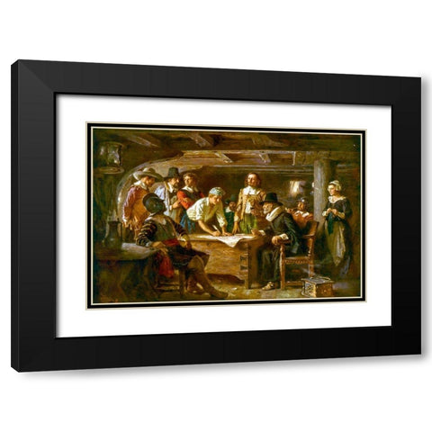 The Mayflower Compact-1620 Black Modern Wood Framed Art Print with Double Matting by Ferris, Jean Leon Gerome