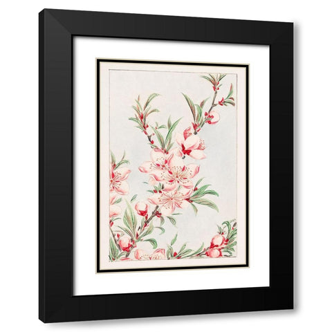 Peach tree branches with leaves and blossoms Black Modern Wood Framed Art Print with Double Matting by Morikaga, Megata