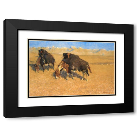 Indians Simulating Buffalo Black Modern Wood Framed Art Print with Double Matting by Remington, Frederic