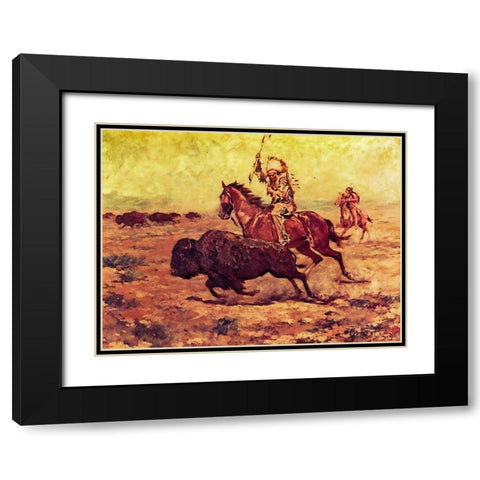Doomed - Indian Hunting Buffalo Black Modern Wood Framed Art Print with Double Matting by Shreyvogel, Charles