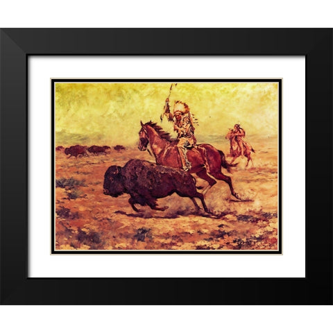 Doomed - Indian Hunting Buffalo Black Modern Wood Framed Art Print with Double Matting by Shreyvogel, Charles