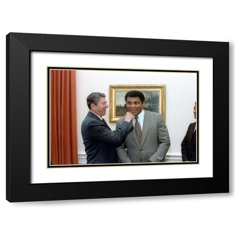 President Ronald Reagan Punching Muhammad Ali in The Oval Office Black Modern Wood Framed Art Print with Double Matting by U.S. Archives