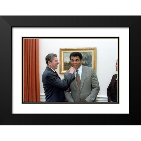 President Ronald Reagan Punching Muhammad Ali in The Oval Office Black Modern Wood Framed Art Print with Double Matting by U.S. Archives