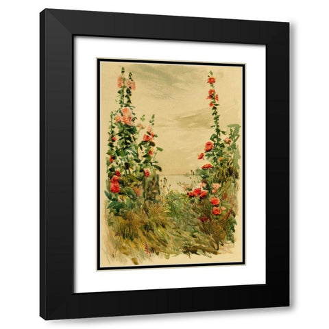 Hollyhocks Black Modern Wood Framed Art Print with Double Matting by Hassam, Childe