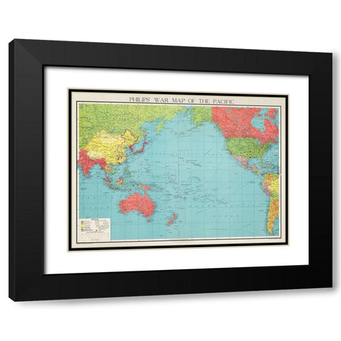 Philips war map of the Pacific 1945 Black Modern Wood Framed Art Print with Double Matting by George Philip and Son Limited