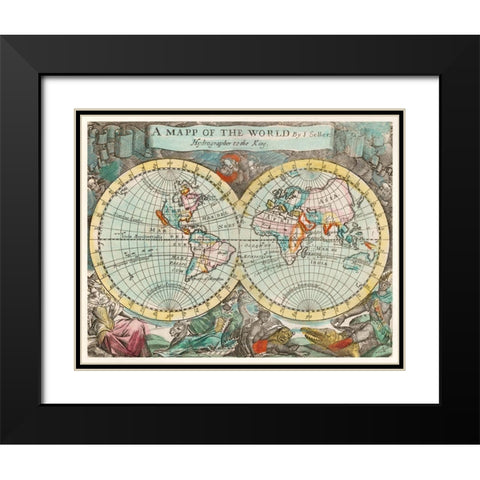 A mapp of the world 1682 Black Modern Wood Framed Art Print with Double Matting by Playford, John