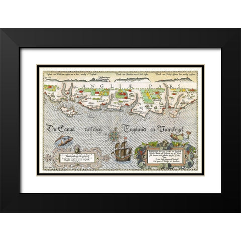 Map of the South England coast between the Isle of Wight and Dover Black Modern Wood Framed Art Print with Double Matting by Doetechum, Joannes van
