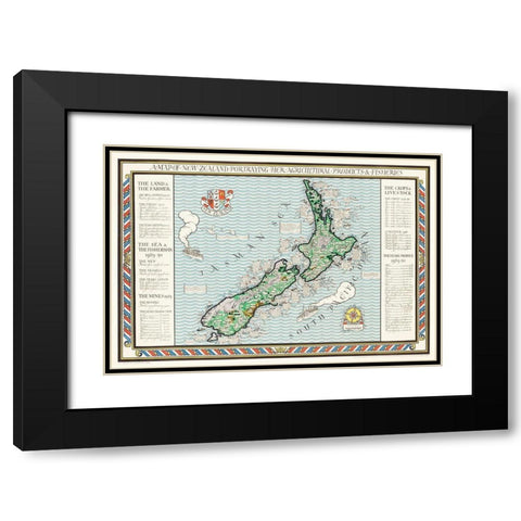 A Map of New Zealand 1913 Black Modern Wood Framed Art Print with Double Matting by Gil, MacDonald