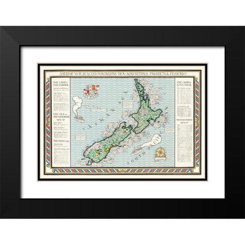 A Map of New Zealand 1913 Black Modern Wood Framed Art Print with Double Matting by Gil, MacDonald