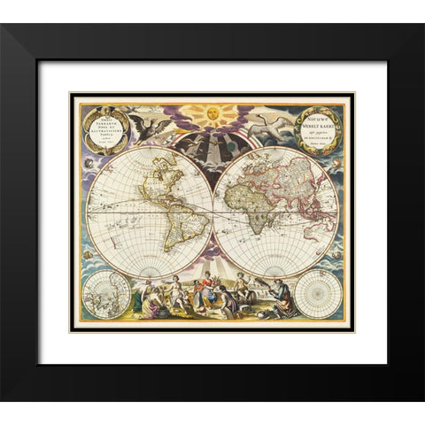 New World Map 1672 Black Modern Wood Framed Art Print with Double Matting by Mitchell, Samuel Augustus