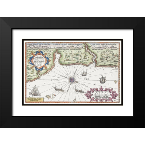 Map of the north coast of England at Newcastle upon Tyne 1583 Black Modern Wood Framed Art Print with Double Matting by Doetechum, Joannes van