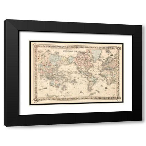 Coltons Map of the World on Mercators Projection 1858 Black Modern Wood Framed Art Print with Double Matting by J H Colton and Co