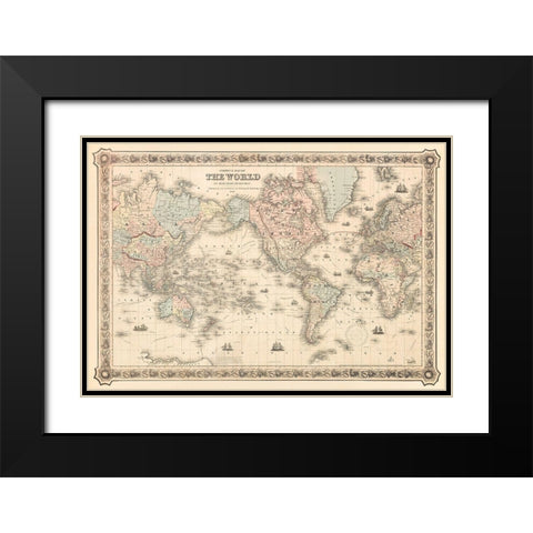 Coltons Map of the World on Mercators Projection 1858 Black Modern Wood Framed Art Print with Double Matting by J H Colton and Co