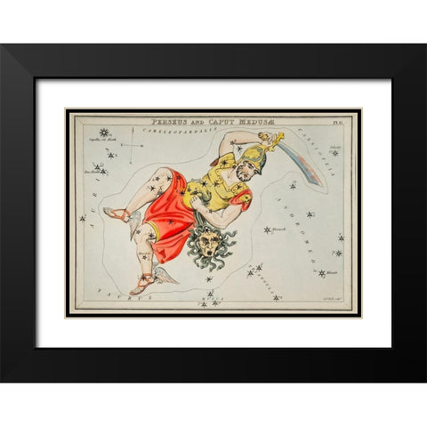 Astronomical chart illustration of the Perseus and the Caput Medusae Black Modern Wood Framed Art Print with Double Matting by Hall, Sidney