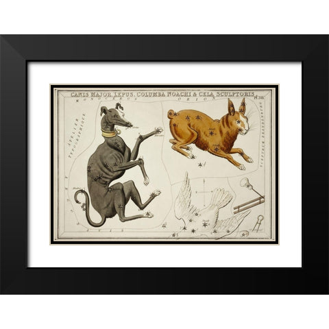 Astronomical chart illustration of the Canis Major-Lepus-Columba Noachi and the Cela Sculptoris Black Modern Wood Framed Art Print with Double Matting by Hall, Sidney