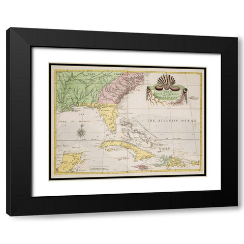 A map of Carolina-Florida and the Bahama Islands 1754 Black Modern Wood Framed Art Print with Double Matting by Catesby, Mark