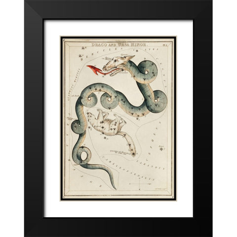 Astronomical chart illustration of the Draco and the Ursa Minor Black Modern Wood Framed Art Print with Double Matting by Hall, Sidney
