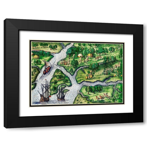 Port Royal-South Carolina illustration from Grand voyages 1596 Black Modern Wood Framed Art Print with Double Matting by Bry, Theodor de
