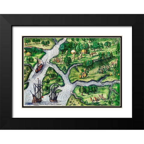 Port Royal-South Carolina illustration from Grand voyages 1596 Black Modern Wood Framed Art Print with Double Matting by Bry, Theodor de