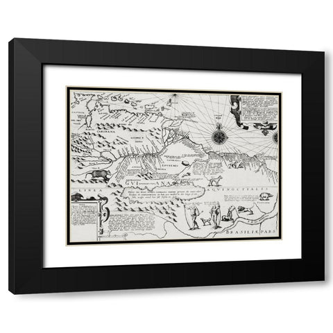 America map from Grand voyages 1596 Black Modern Wood Framed Art Print with Double Matting by Bry, de Theodor