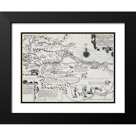 America map from Grand voyages 1596 Black Modern Wood Framed Art Print with Double Matting by Bry, de Theodor