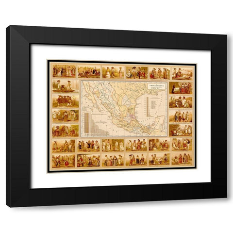 Ethnographic Map of Mexico Black Modern Wood Framed Art Print with Double Matting by Vintage Maps