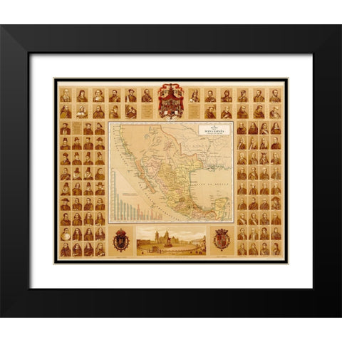 Map of Leaders in New Spain through History Black Modern Wood Framed Art Print with Double Matting by Vintage Maps