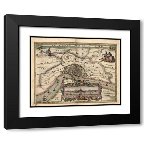 Map of Antwerp Belgium Black Modern Wood Framed Art Print with Double Matting by Vintage Maps