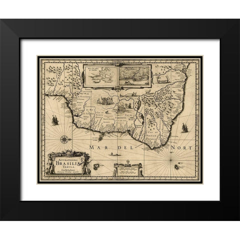 Brazil 1630 Black Modern Wood Framed Art Print with Double Matting by Vintage Maps