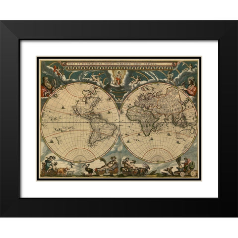 World Map Black Modern Wood Framed Art Print with Double Matting by Vintage Maps