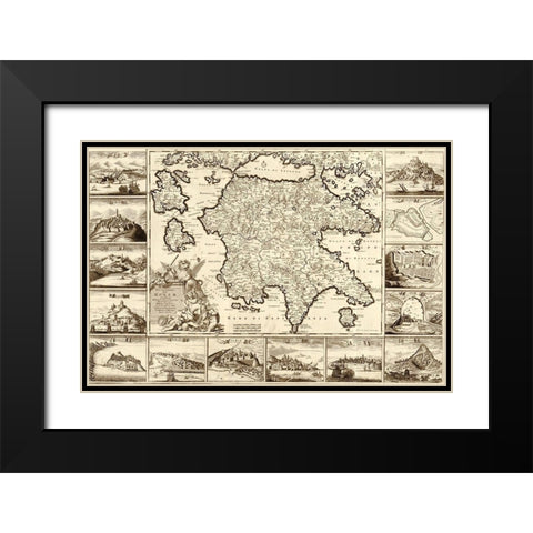 Greece and Peloponnesian Black Modern Wood Framed Art Print with Double Matting by Vintage Maps