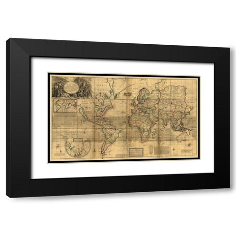 World Map Black Modern Wood Framed Art Print with Double Matting by Vintage Maps