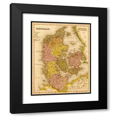 Denmark 1844 Black Modern Wood Framed Art Print with Double Matting by Vintage Maps