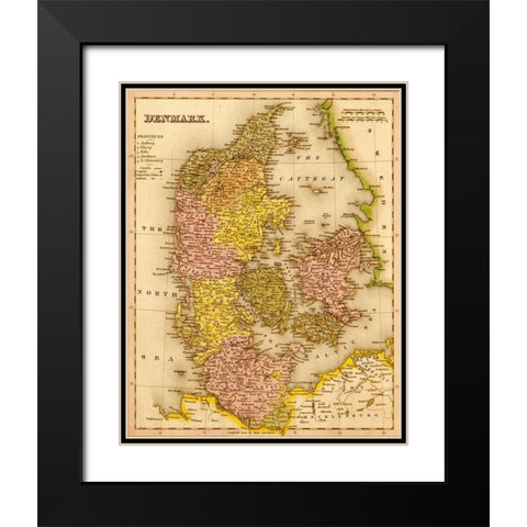 Denmark 1844 Black Modern Wood Framed Art Print with Double Matting by Vintage Maps