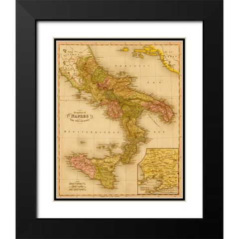 Kingdom of Naples 1844 Black Modern Wood Framed Art Print with Double Matting by Vintage Maps